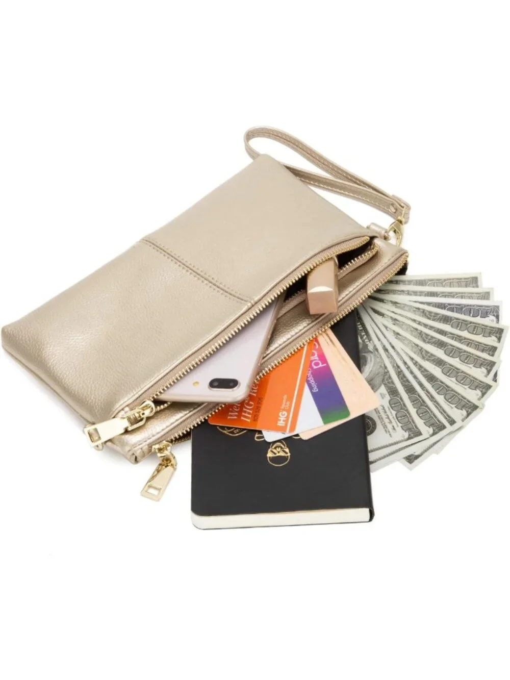 Lightweight Triple Zip Crossbody Bag | Vegan Leather Wristlet Clutch with